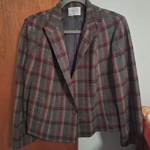 Pendleton Vintage 100% Wool Gray And Red Plaid Women's Jacket Size L